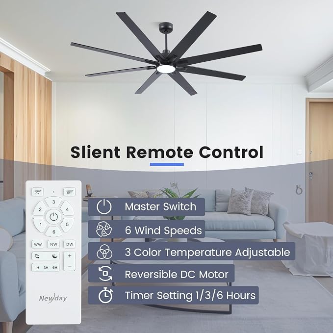 72 inch Large Ceiling Fans with Lights and Remote, Indoor/Outdoor Black Ceiling Fan for Living Room Patio, 6 Speeds Slient
