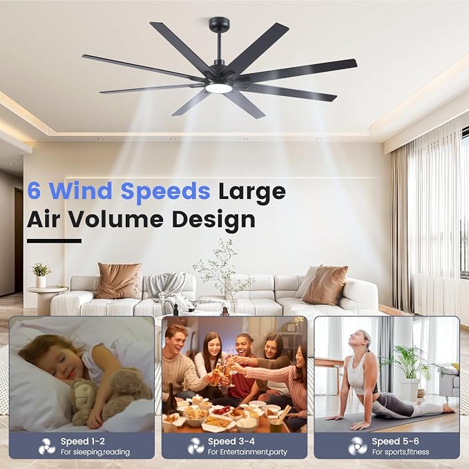 72 inch Large Ceiling Fans with Lights and Remote, Indoor/Outdoor Black Ceiling Fan for Living Room Patio, 6 Speeds Slient