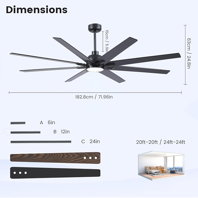 72 inch Large Ceiling Fans with Lights and Remote, Indoor/Outdoor Black Ceiling Fan for Living Room Patio, 6 Speeds Slient