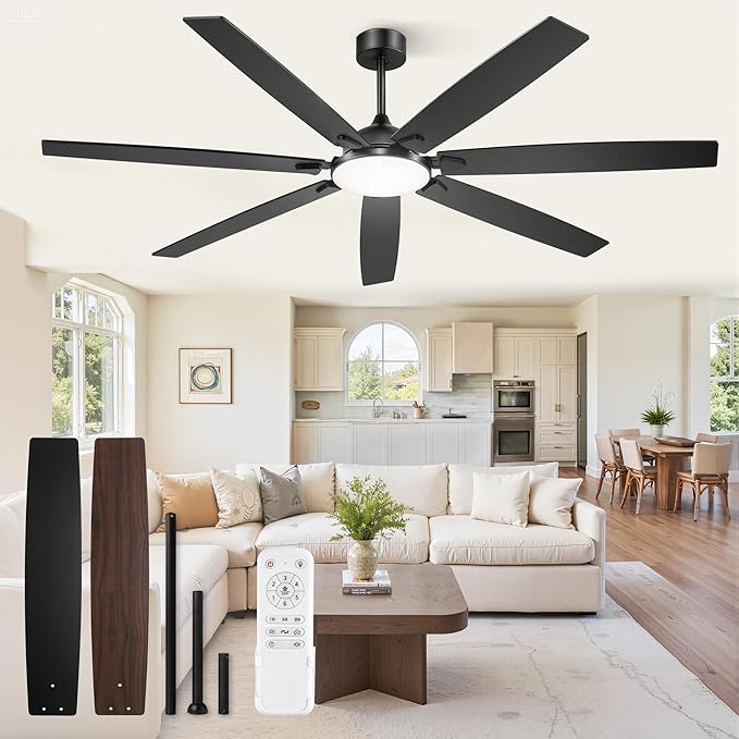 72 Inch Large Ceiling Fans with Lights, Black Modern Ceiling Fan with Quiet DC Motor, 3CCT, Indoor/Outdoor Ceiling Fan with
