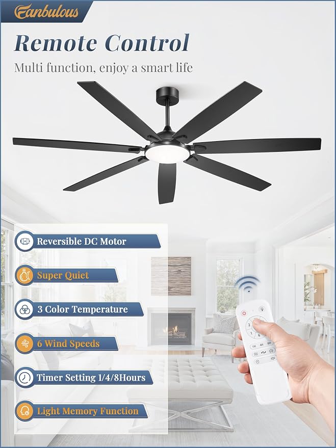 72 Inch Large Ceiling Fans with Lights, Black Modern Ceiling Fan with Quiet DC Motor, 3CCT, Indoor/Outdoor Ceiling Fan with