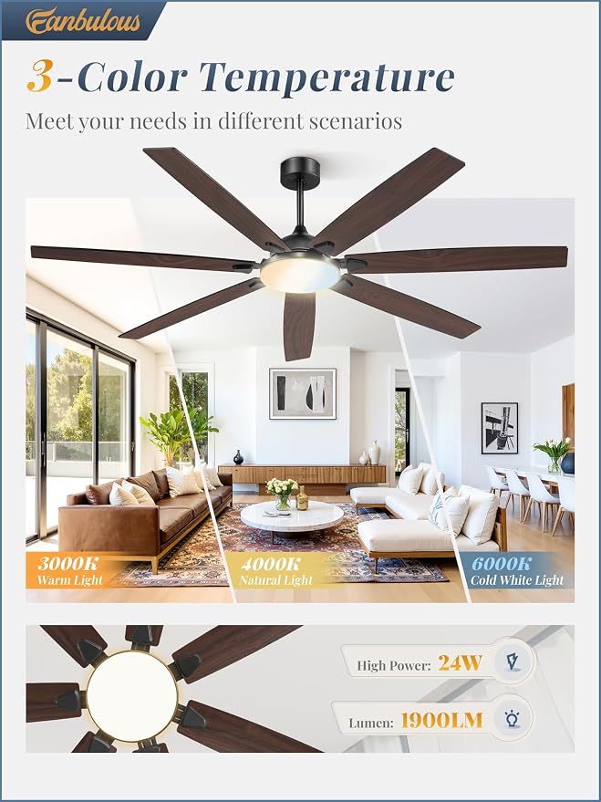 72 Inch Large Ceiling Fans with Lights, Black Modern Ceiling Fan with Quiet DC Motor, 3CCT, Indoor/Outdoor Ceiling Fan with