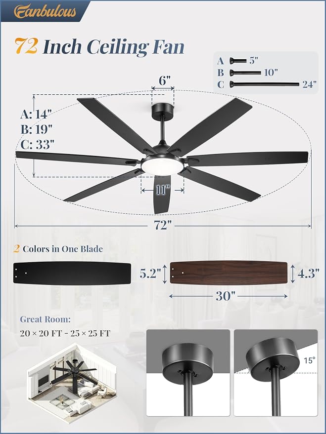 72 Inch Large Ceiling Fans with Lights, Black Modern Ceiling Fan with Quiet DC Motor, 3CCT, Indoor/Outdoor Ceiling Fan with