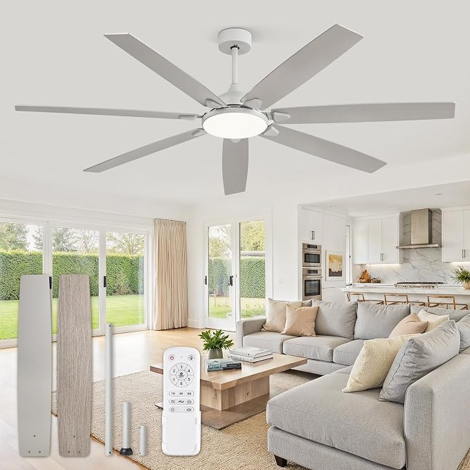 72 Inch Large Ceiling Fans with Lights, Grey Modern Ceiling Fan with Quiet DC Motor, 3CCT, Indoor/Outdoor Ceiling Fan with