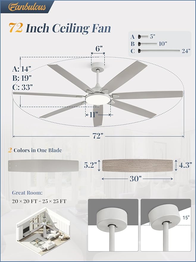 72 Inch Large Ceiling Fans with Lights, Grey Modern Ceiling Fan with Quiet DC Motor, 3CCT, Indoor/Outdoor Ceiling Fan with