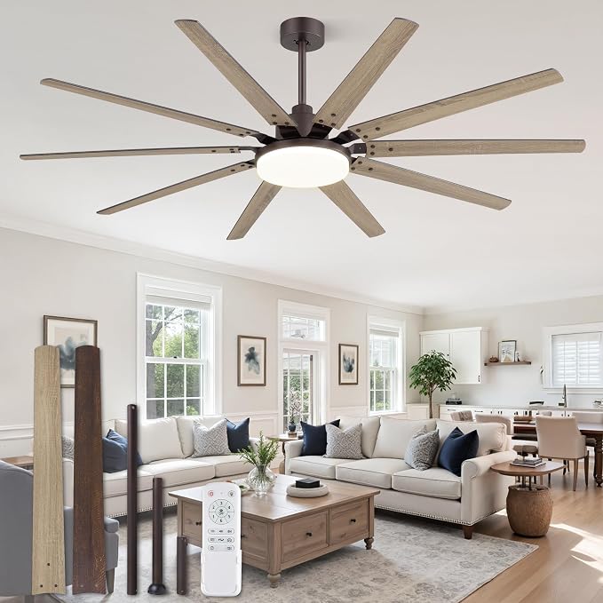72 inch Large Oil Rubbed Bronze Ceiling Fans with Lights and Remote, Indoor/Outdoor Farmhouse Ceiling Fan with 10 Blades, 32W