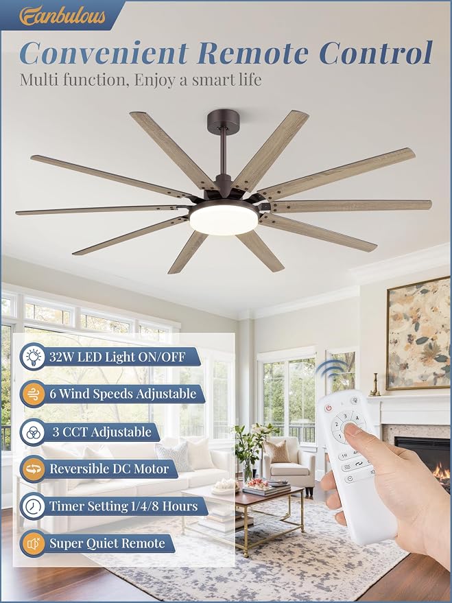 72 inch Large Oil Rubbed Bronze Ceiling Fans with Lights and Remote, Indoor/Outdoor Farmhouse Ceiling Fan with 10 Blades, 32W