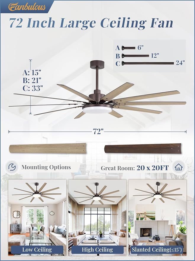 72 inch Large Oil Rubbed Bronze Ceiling Fans with Lights and Remote, Indoor/Outdoor Farmhouse Ceiling Fan with 10 Blades, 32W