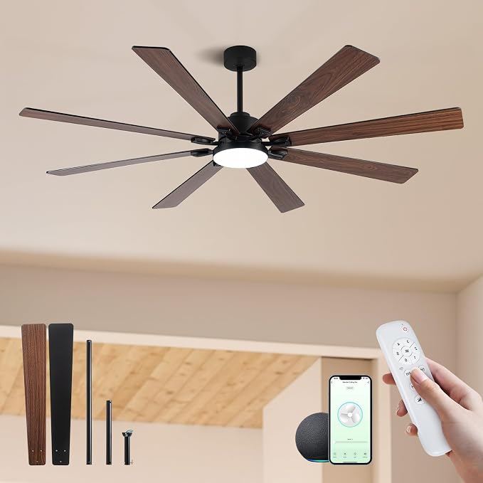 72 Inch Large Smart Ceiling Fan with Light and Alexa/APP(via WiFi),Black Indoor Outdoor Ceiling with Remote for Bedroom