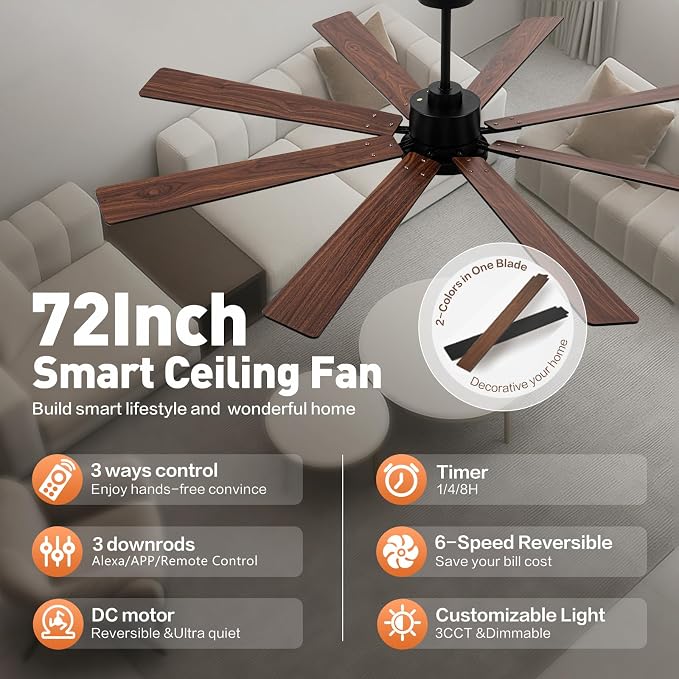72 Inch Large Smart Ceiling Fan with Light and Alexa/APP(via WiFi),Black Indoor Outdoor Ceiling with Remote for Bedroom