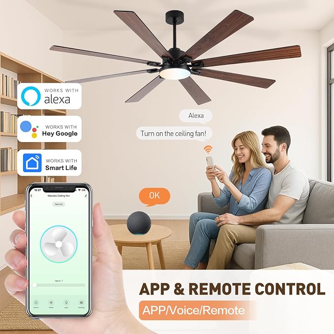 72 Inch Large Smart Ceiling Fan with Light and Alexa/APP(via WiFi),Black Indoor Outdoor Ceiling with Remote for Bedroom