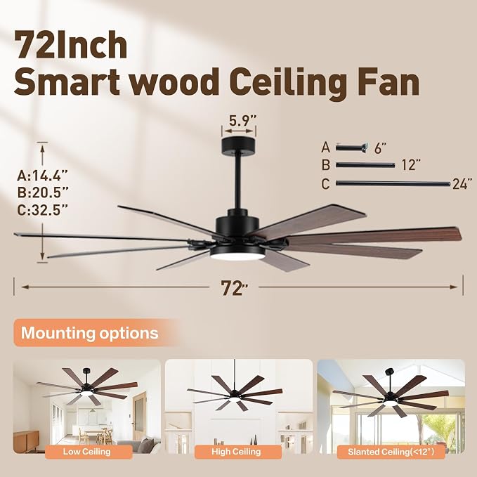 72 Inch Large Smart Ceiling Fan with Light and Alexa/APP(via WiFi),Black Indoor Outdoor Ceiling with Remote for Bedroom