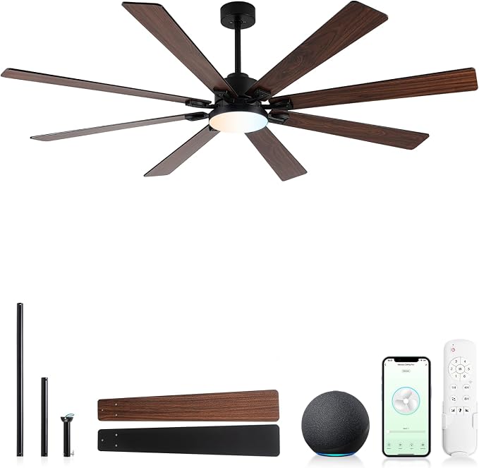 72 Inch Large Smart Ceiling Fan with Light and Alexa/APP(via WiFi),Black Indoor Outdoor Ceiling with Remote for Bedroom