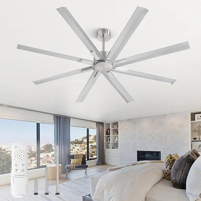 72 Inch No Light, Large Industrial Ceiling Fan with 8 Aluminium Blades, Quiet DC Motor, 6 Speeds, Modern Ceiling Fan without