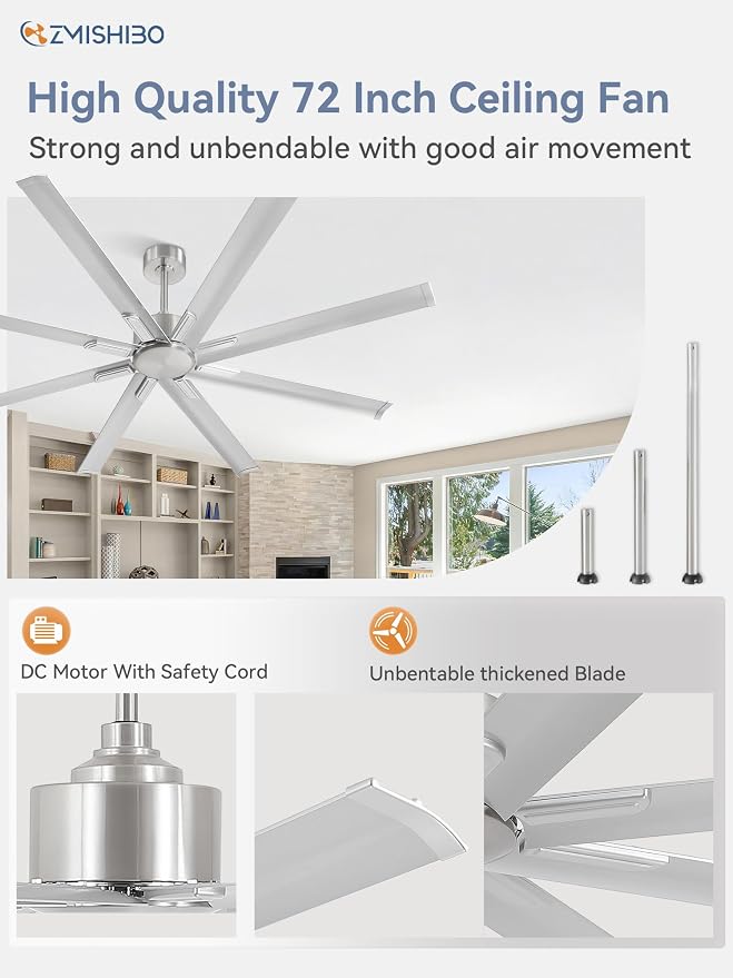 72 Inch No Light, Large Industrial Ceiling Fan with 8 Aluminium Blades, Quiet DC Motor, 6 Speeds, Modern Ceiling Fan without