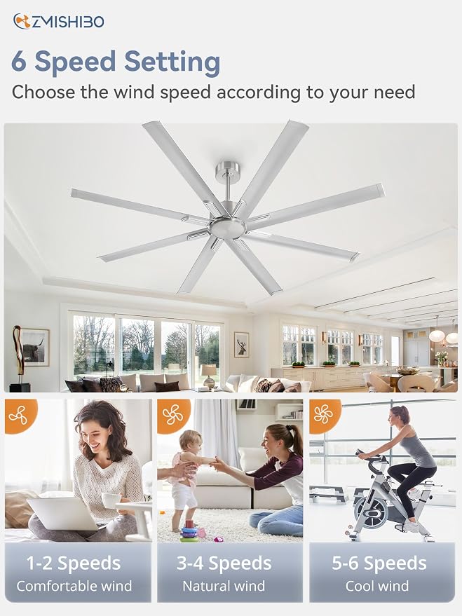 72 Inch No Light, Large Industrial Ceiling Fan with 8 Aluminium Blades, Quiet DC Motor, 6 Speeds, Modern Ceiling Fan without