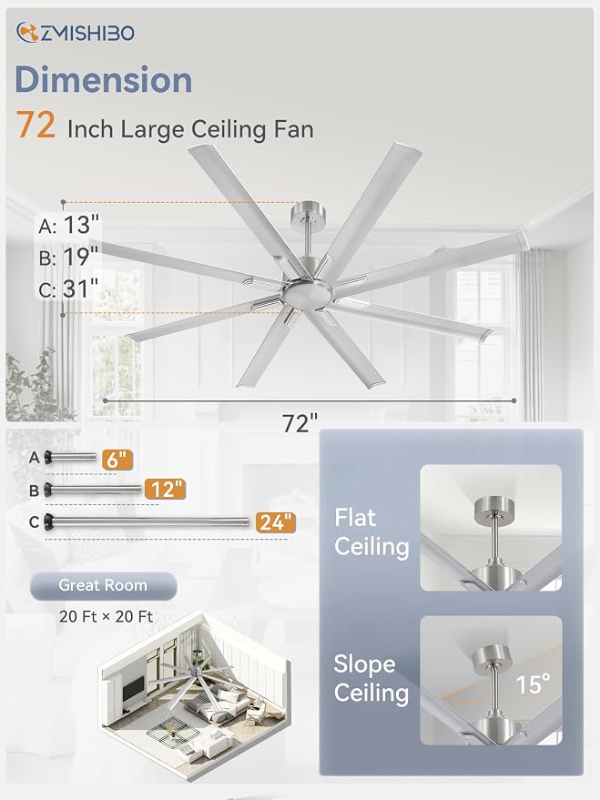 72 Inch No Light, Large Industrial Ceiling Fan with 8 Aluminium Blades, Quiet DC Motor, 6 Speeds, Modern Ceiling Fan without