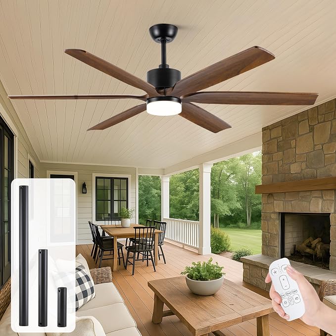 72 Inch Outdoor Ceiling Fan with Light and Remote, High CFM Quiet Energy Efficient DC Motor, 6 Solid Wood Blades, Modern