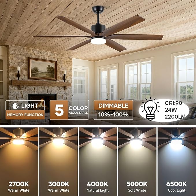 72 Inch Outdoor Ceiling Fan with Light and Remote, High CFM Quiet Energy Efficient DC Motor, 6 Solid Wood Blades, Modern