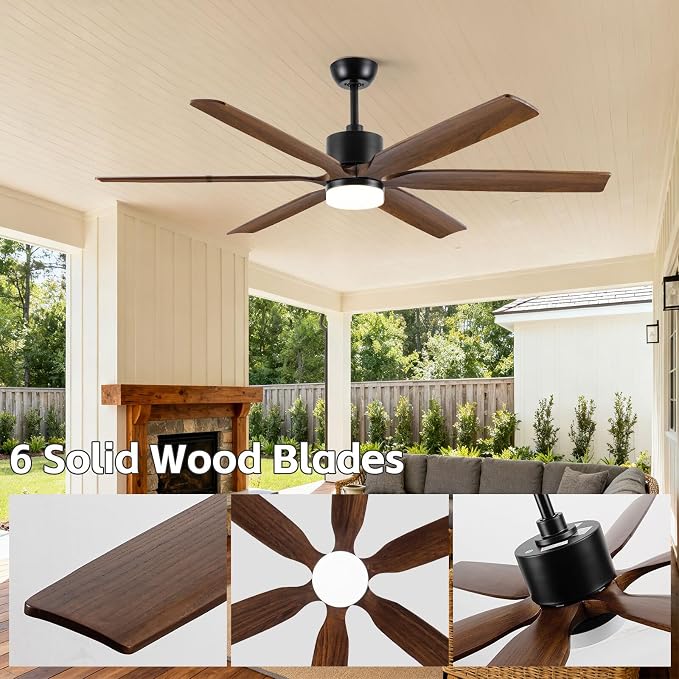 72 Inch Outdoor Ceiling Fan with Light and Remote, High CFM Quiet Energy Efficient DC Motor, 6 Solid Wood Blades, Modern