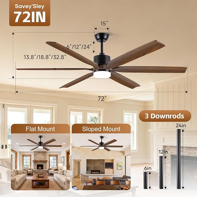 72 Inch Outdoor Ceiling Fan with Light and Remote, High CFM Quiet Energy Efficient DC Motor, 6 Solid Wood Blades, Modern