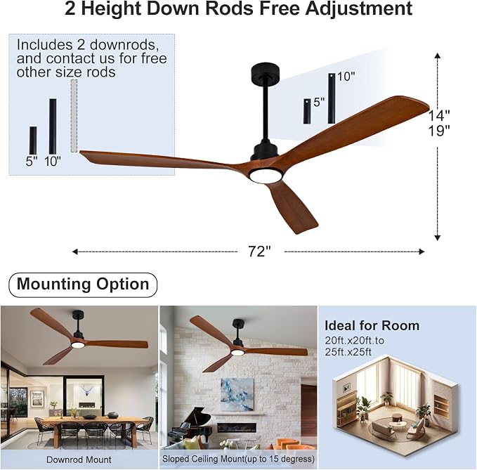 72 Inch Outdoor Ceiling Fans with Lights and Remote, Large Ceiling Fan with Light, 3 Blade Wood Ceiling Fan, Outdoor Fan for
