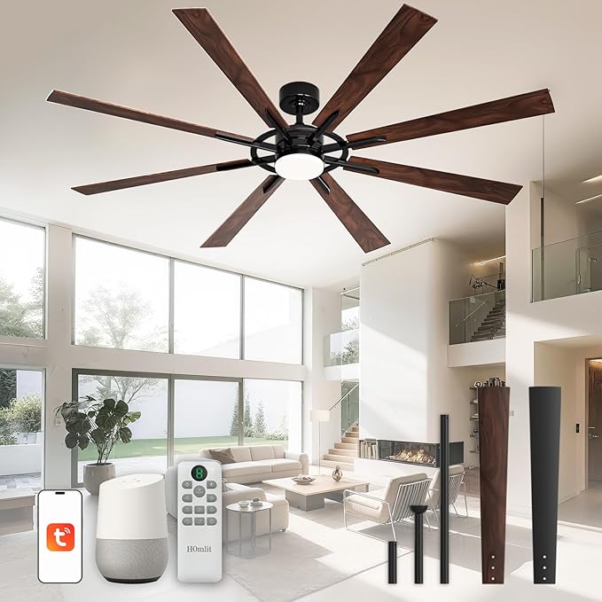 72 Inch Smart Ceiling Fan with Light and Remote, Black Ceiling Fan with Quiet Reversible DC Motor, Control Via WiFi Alexa