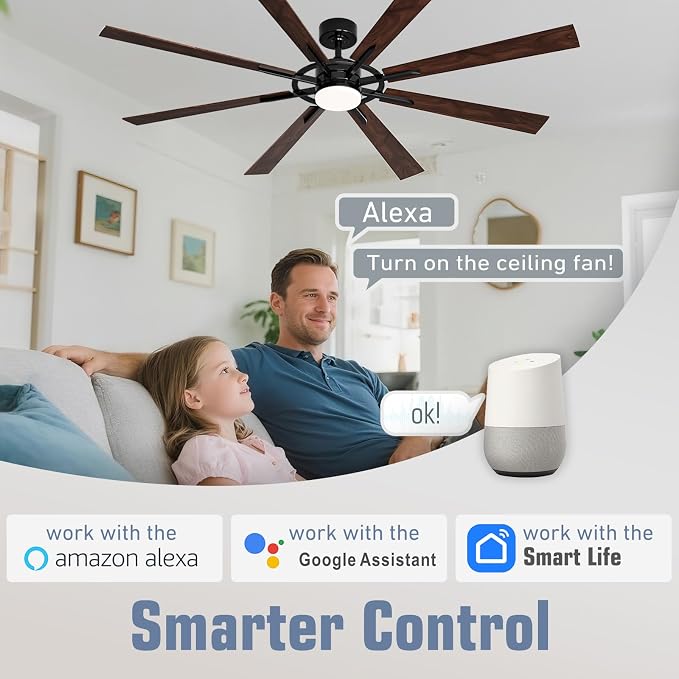 72 Inch Smart Ceiling Fan with Light and Remote, Black Ceiling Fan with Quiet Reversible DC Motor, Control Via WiFi Alexa