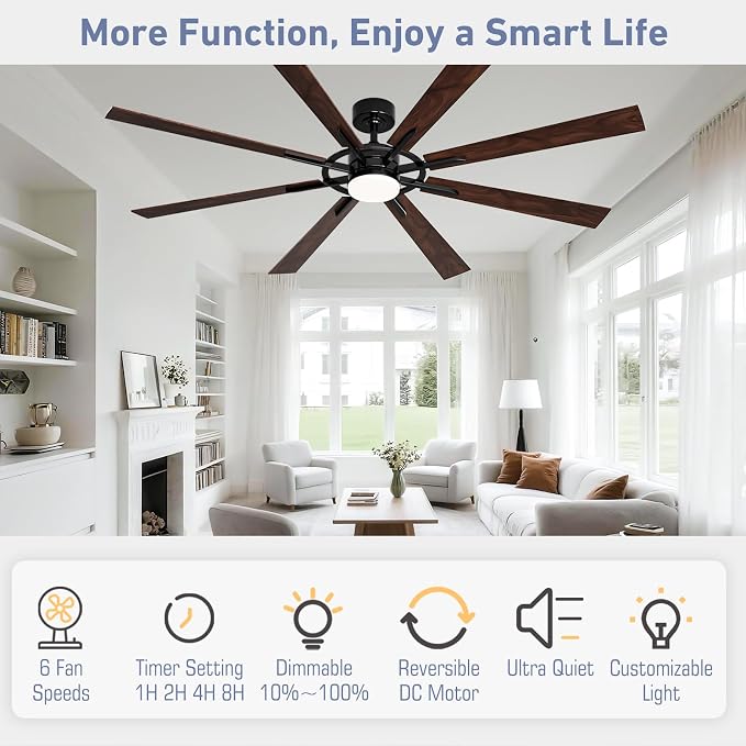 72 Inch Smart Ceiling Fan with Light and Remote, Black Ceiling Fan with Quiet Reversible DC Motor, Control Via WiFi Alexa