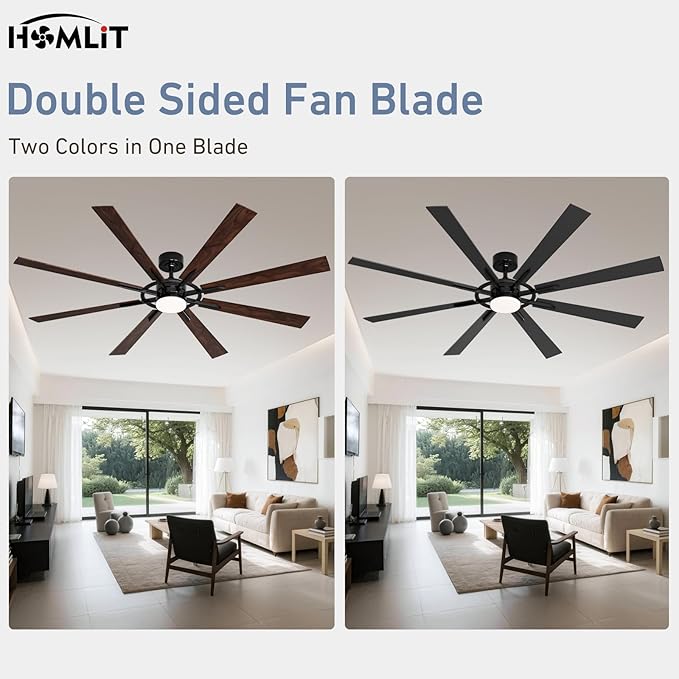 72 Inch Smart Ceiling Fan with Light and Remote, Black Ceiling Fan with Quiet Reversible DC Motor, Control Via WiFi Alexa