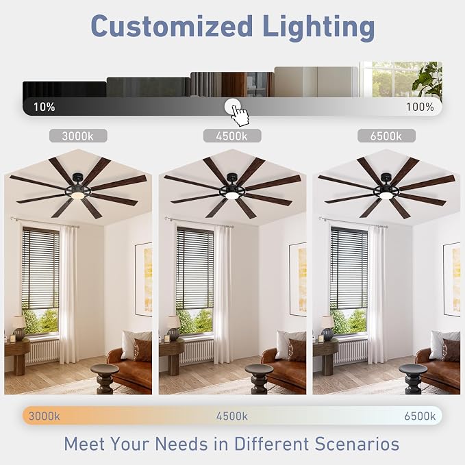 72 Inch Smart Ceiling Fan with Light and Remote, Black Ceiling Fan with Quiet Reversible DC Motor, Control Via WiFi Alexa