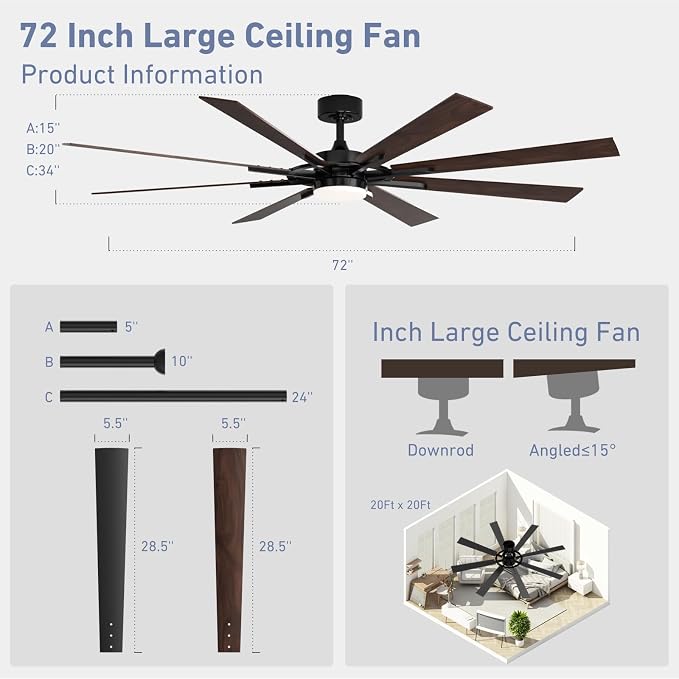 72 Inch Smart Ceiling Fan with Light and Remote, Black Ceiling Fan with Quiet Reversible DC Motor, Control Via WiFi Alexa