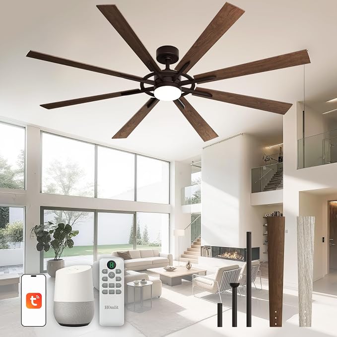72 Inch Smart Ceiling Fan with Light and Remote, Walnut Ceiling Fan with Quiet Reversible DC Motor, Control Via