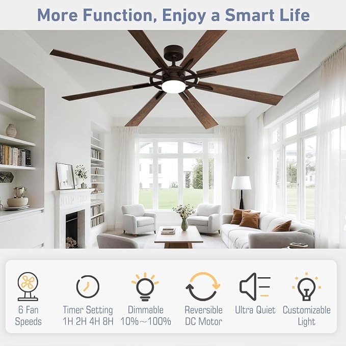 72 Inch Smart Ceiling Fan with Light and Remote, Walnut Ceiling Fan with Quiet Reversible DC Motor, Control Via, alternate