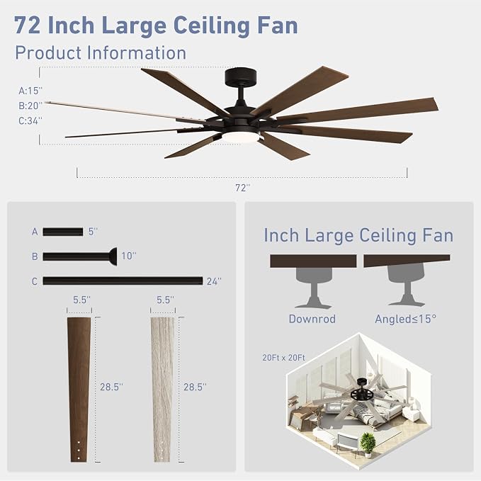 72 Inch Smart Ceiling Fan with Light and Remote, Walnut Ceiling Fan with Quiet Reversible DC Motor, Control Via, alternate