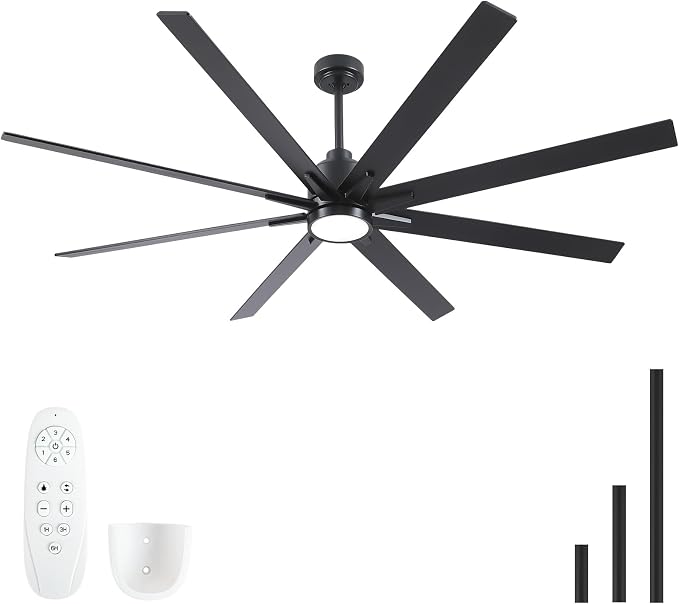 72 Inch Solid Wood Large Ceiling Fans with Lights and Remote, Black Blades, 3CCT Dimmable LED, 6-Speed Reversible DC Motor