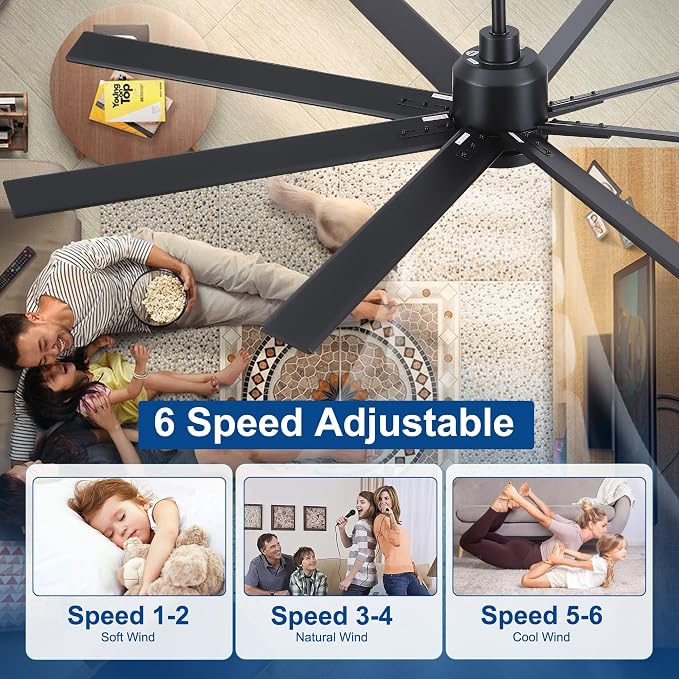 72 Inch Solid Wood Large Ceiling Fans with Lights and Remote, Black Blades, 3CCT Dimmable LED, 6-Speed Reversible DC Motor