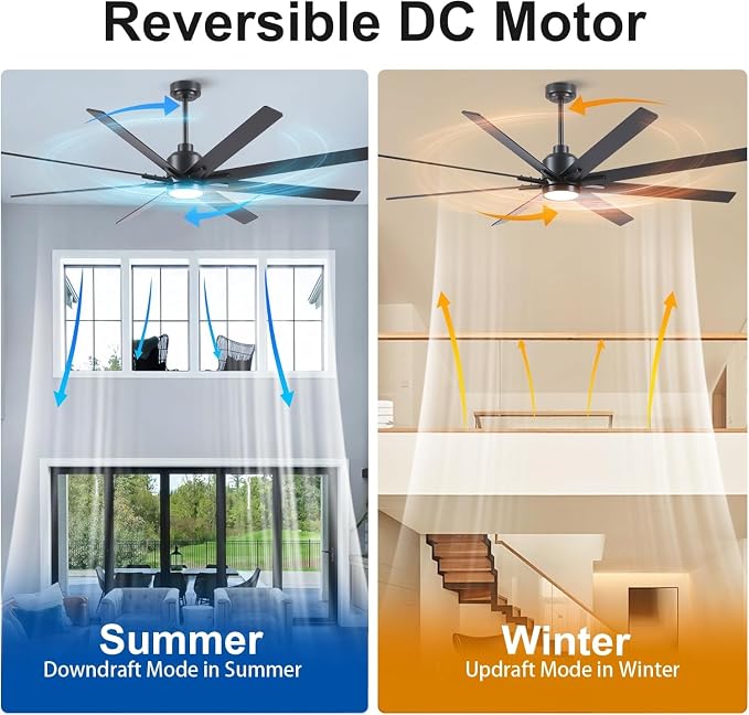 72 Inch Solid Wood Large Ceiling Fans with Lights and Remote, Black Blades, 3CCT Dimmable LED, 6-Speed Reversible DC Motor