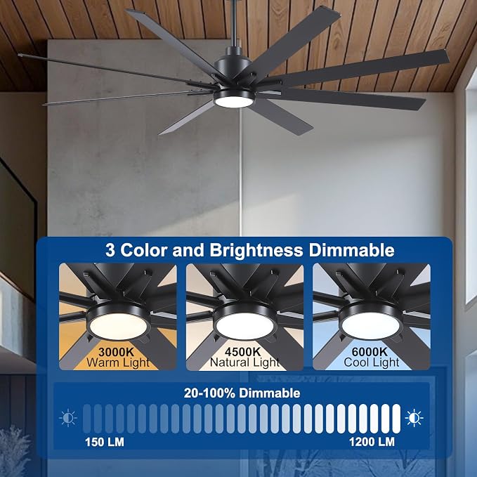 72 Inch Solid Wood Large Ceiling Fans with Lights and Remote, Black Blades, 3CCT Dimmable LED, 6-Speed Reversible DC Motor