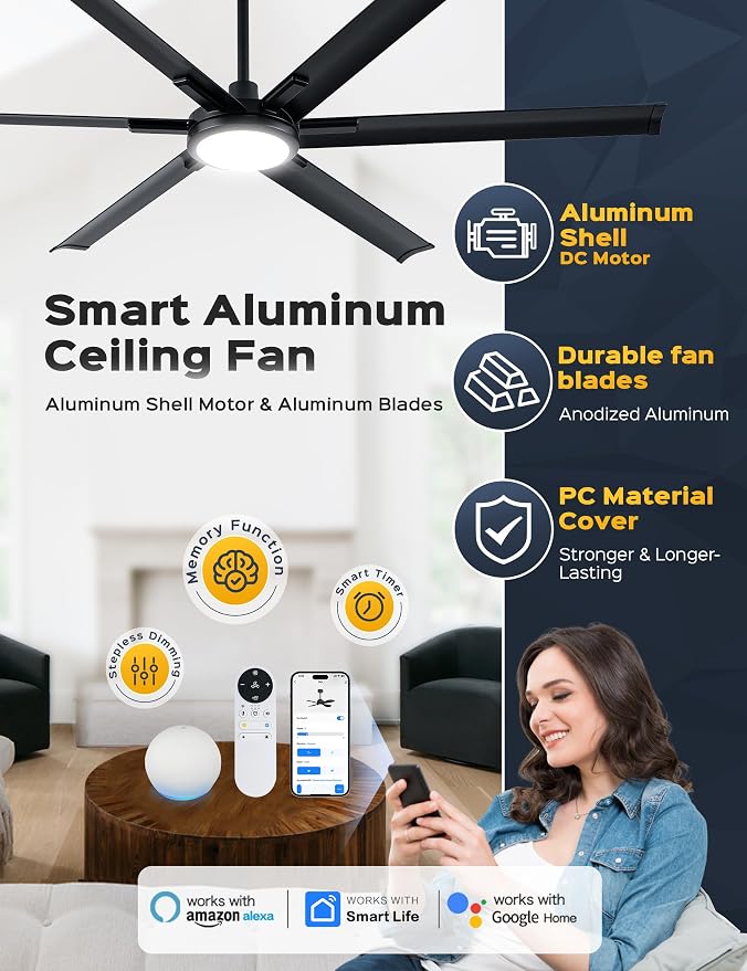 72 Inch Ultra-thin Smart Ceiling Fan via WiFi Alexa APP Remote Control,Whole Aluminum DC Motor and Blades,6 Speed, alternate
