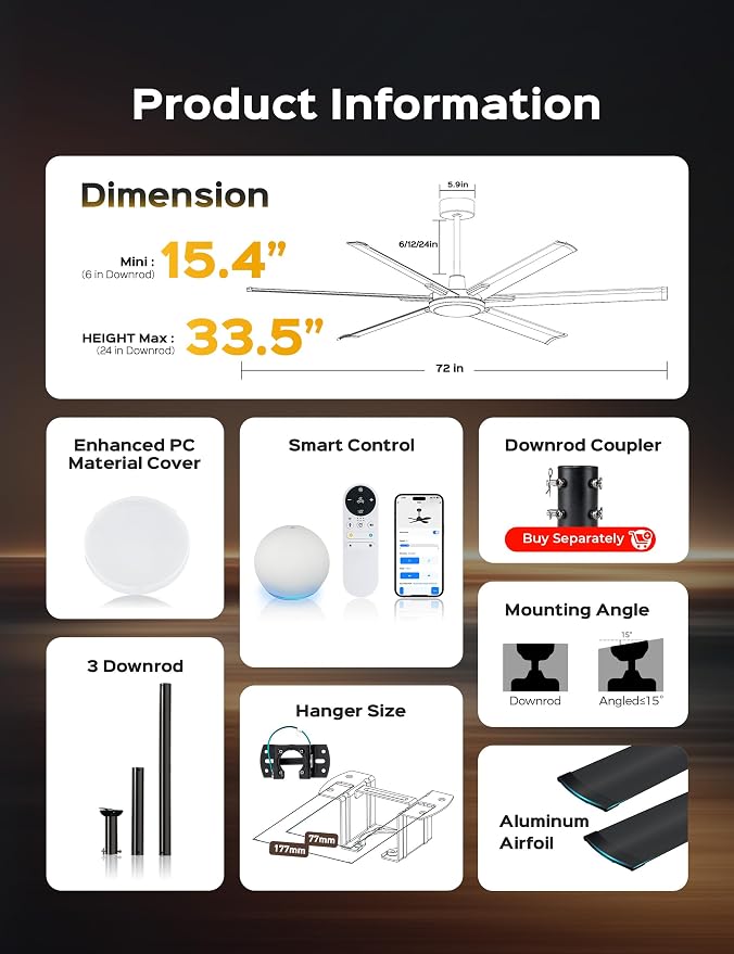 72 Inch Ultra-thin Smart Ceiling Fan via WiFi Alexa APP Remote Control,Whole Aluminum DC Motor and Blades,6 Speed, alternate