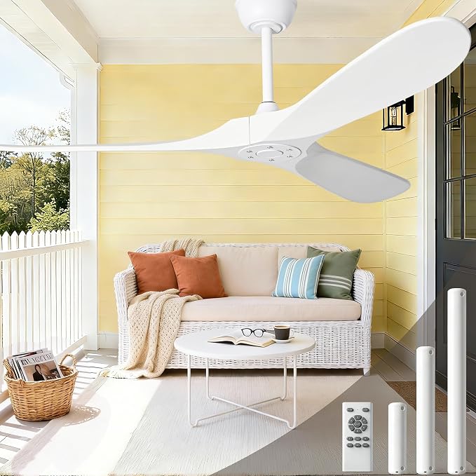 72 Inch White Ceiling Fan No Light, Wood Outdoor Ceiling Fans without Lights for Patios Gazebo Porch Living Room, Modern