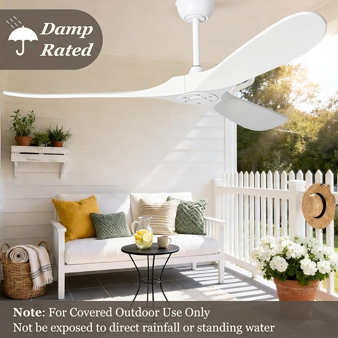 72 Inch White Ceiling Fan No Light, Wood Outdoor Ceiling Fans without Lights for Patios Gazebo Porch Living Room, Modern