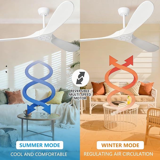 72 Inch White Ceiling Fan No Light, Wood Outdoor Ceiling Fans without Lights for Patios Gazebo Porch Living Room, Modern