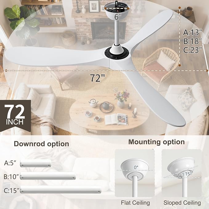 72 Inch White Ceiling Fan No Light, Wood Outdoor Ceiling Fans without Lights for Patios Gazebo Porch Living Room, Modern