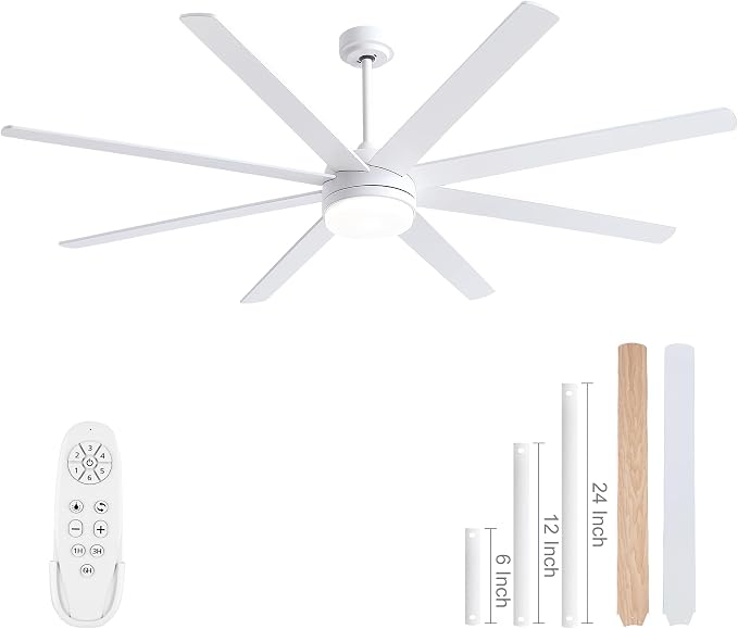 72 Inch White Ceiling Fan with Light and Remote Control.Noiseless,Dimmable,3CCT,6 Speeds Reversible, DC Ceiling Fans for