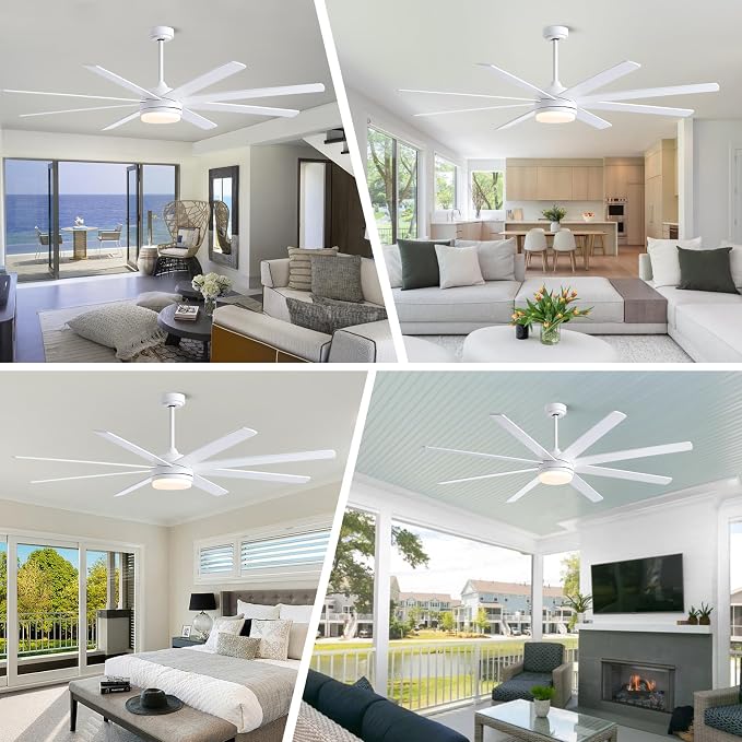 72 Inch White Ceiling Fan with Light and Remote Control.Noiseless,Dimmable,3CCT,6 Speeds Reversible, DC Ceiling Fans for