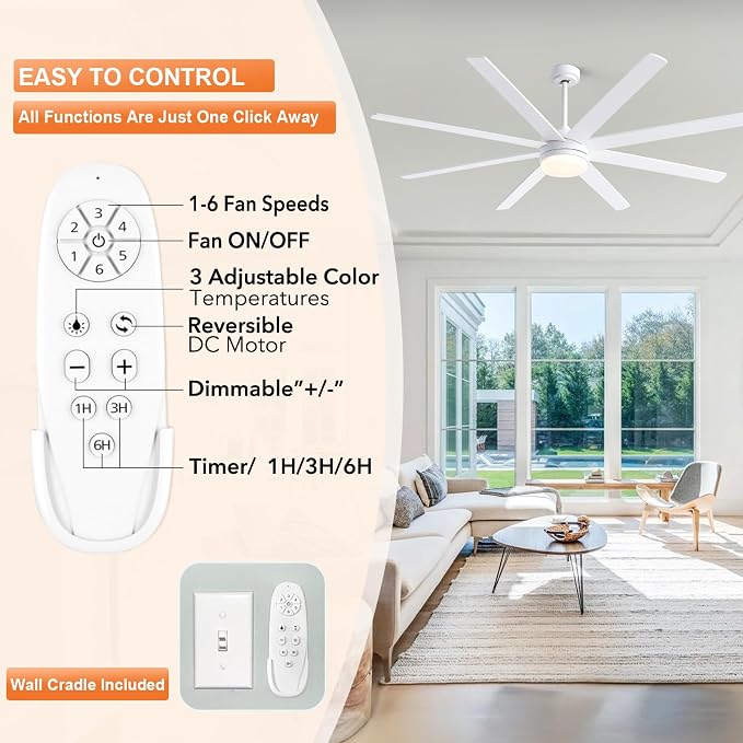 72 Inch White Ceiling Fan with Light and Remote Control.Noiseless,Dimmable,3CCT,6 Speeds Reversible, DC Ceiling Fans for