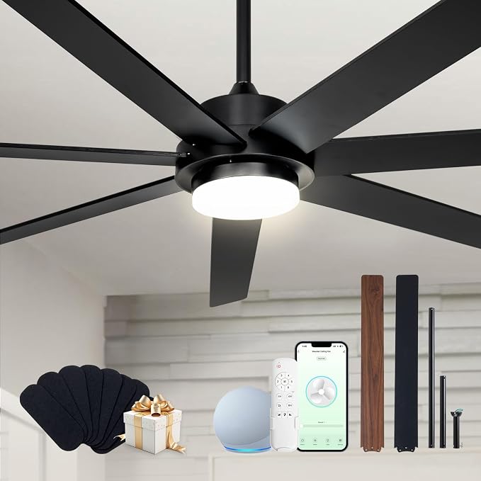 72 Inch Wood Black Smart Ceiling Fan with Light and Remote via WiFi Alexa APP Control,6 Speed Quiet DC Motor,Dimmable,Indoor