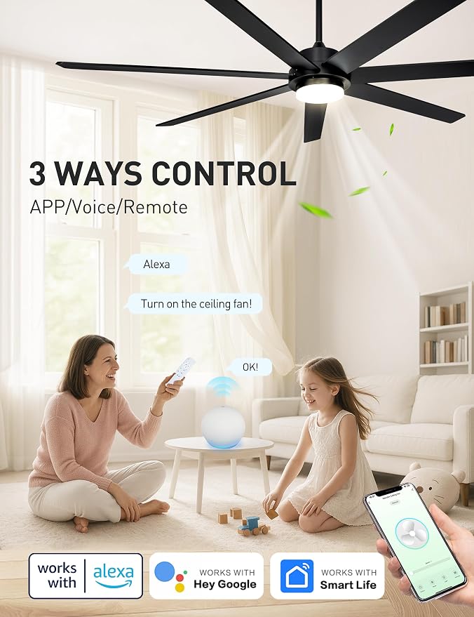 72 Inch Wood Black Smart Ceiling Fan with Light and Remote via WiFi Alexa APP Control,6 Speed Quiet DC Motor,Dimmable,Indoor